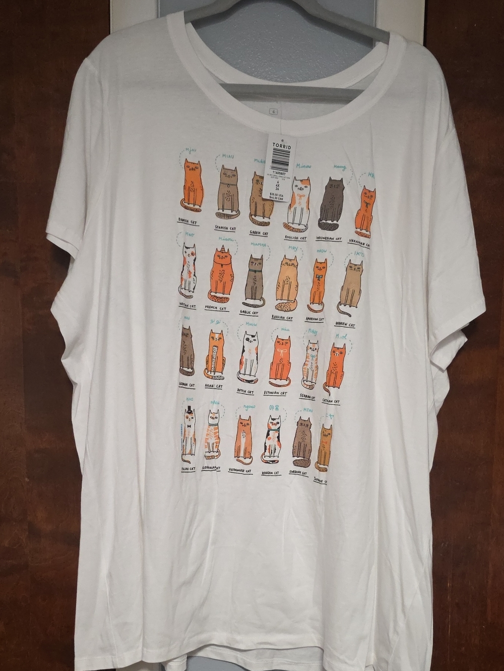NWT SIZE 4 Torrid GEMMA White Short Sleeve Tee with Orange and Brown Cat Print